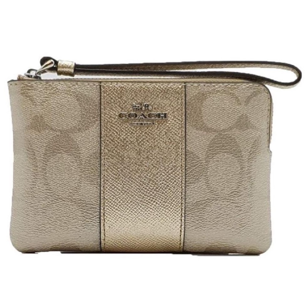 Coach Platinum/Silver Coated Canvas Small Wristlet w/ zipper and wristlet strap